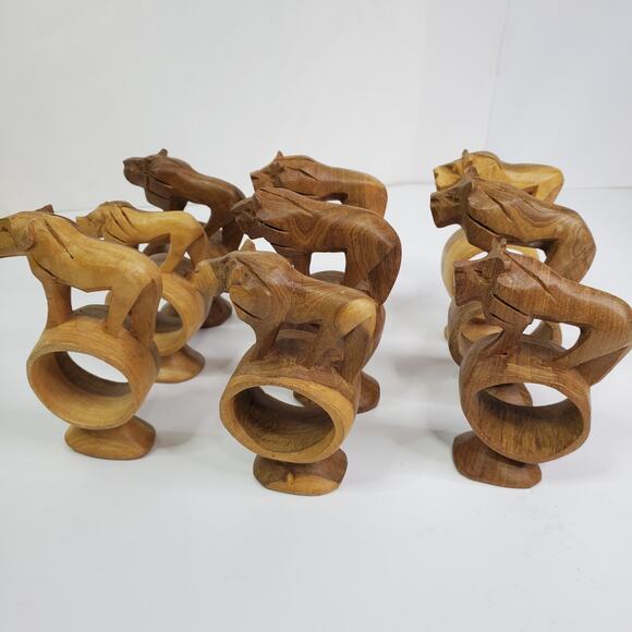 Handcrafted Wooden Lion Animal Napkin Rings Set of 9 Hand Carved in Kenya VTG - Picture 3 of 13